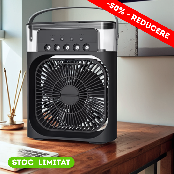 Ventilator Portabil cu Aburi 3-în-1 – Răcire, Umidificare și LED Ambiental