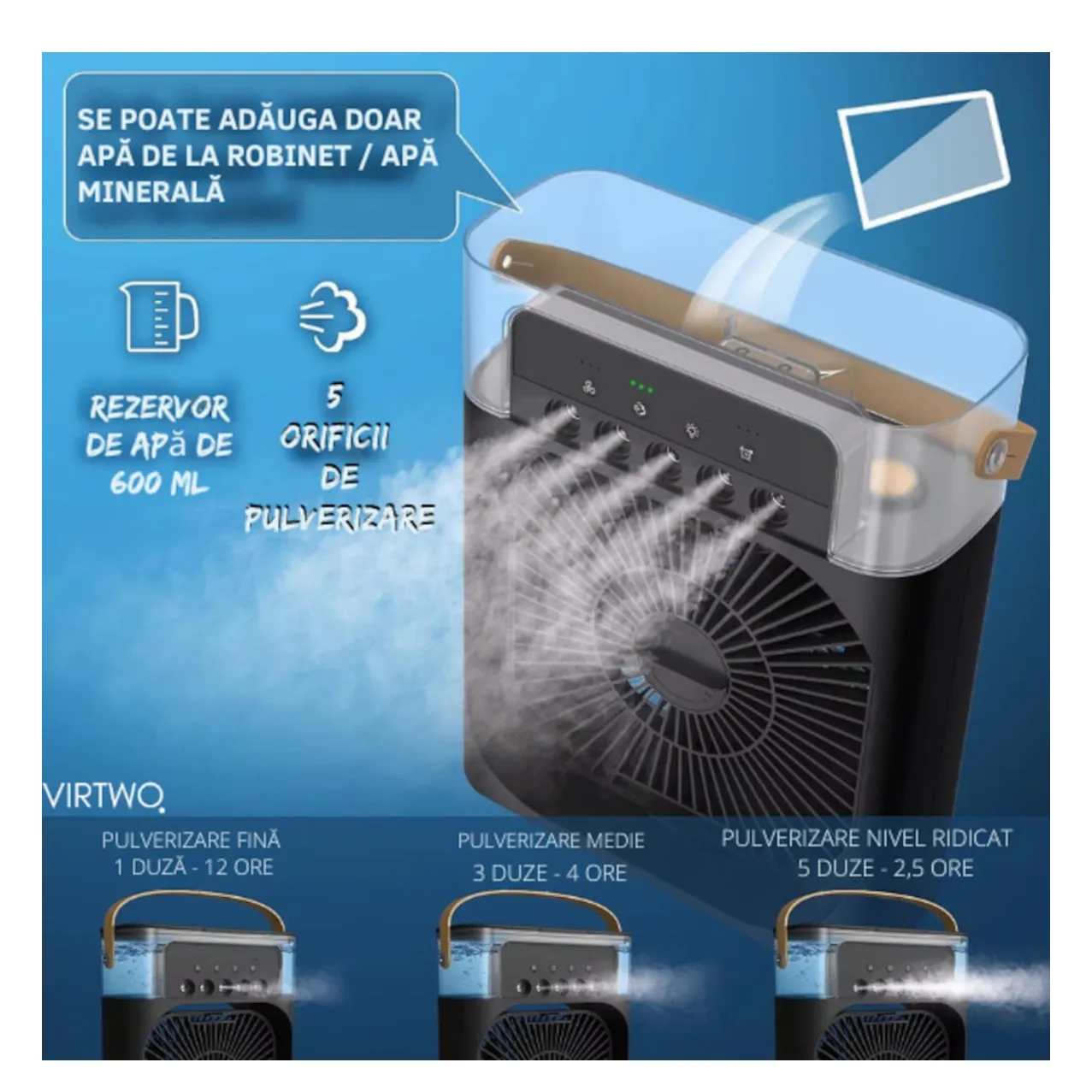 Ventilator Portabil cu Aburi 3-în-1 – Răcire, Umidificare și LED Ambiental
