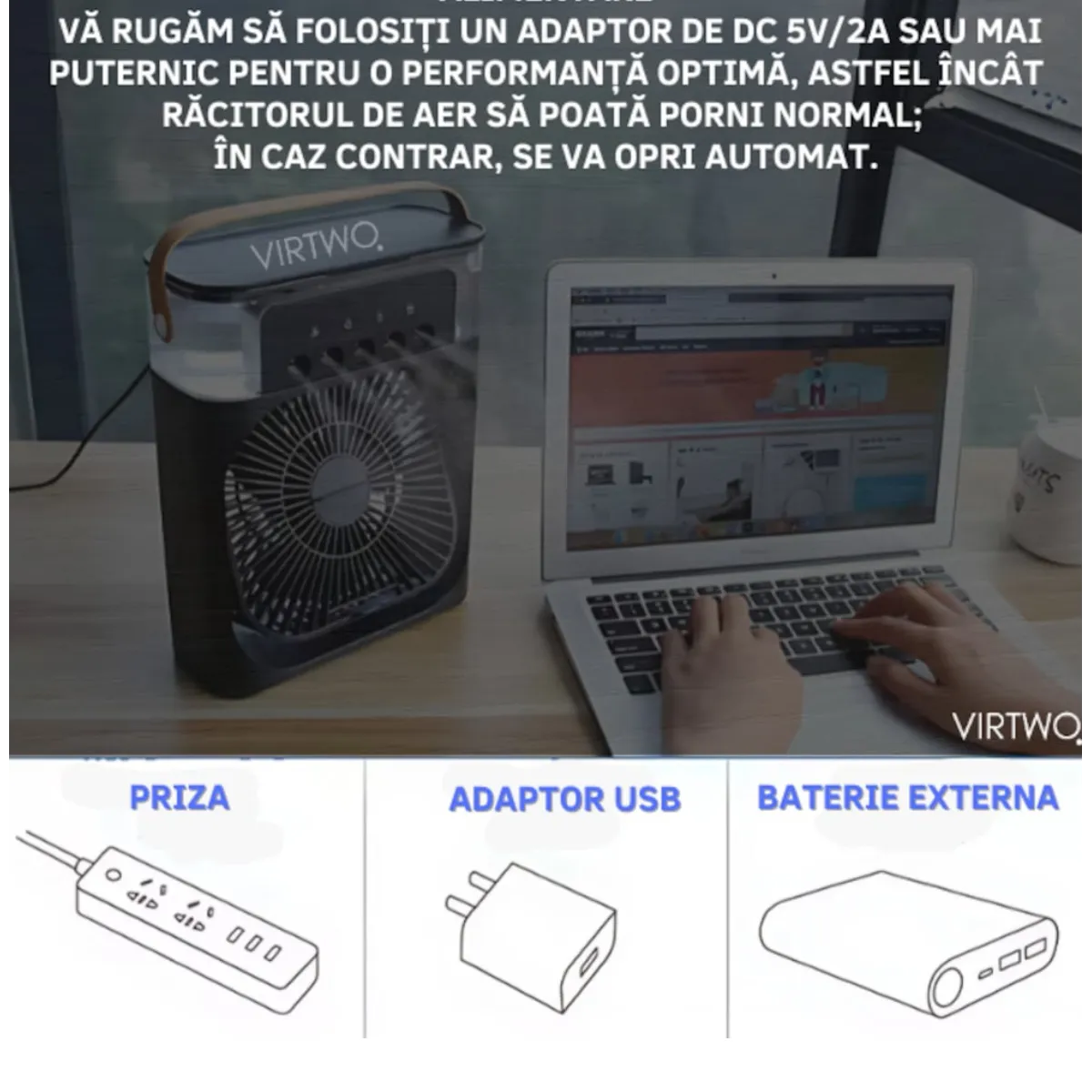 Ventilator Portabil cu Aburi 3-în-1 – Răcire, Umidificare și LED Ambiental