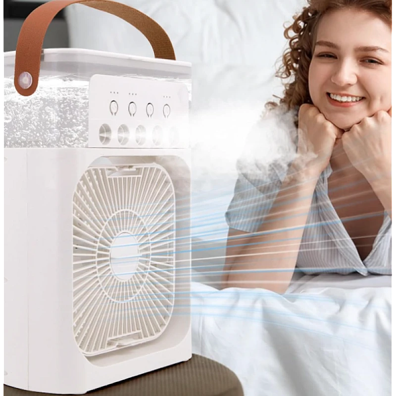 Ventilator Portabil cu Aburi 3-în-1 – Răcire, Umidificare și LED Ambiental