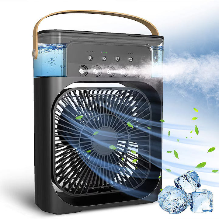 Ventilator Portabil cu Aburi 3-în-1 – Răcire, Umidificare și LED Ambiental