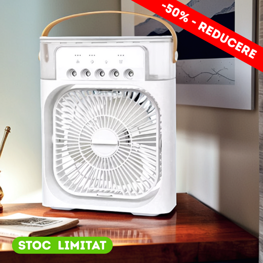 Ventilator Portabil cu Aburi 3-în-1 – Răcire, Umidificare și LED Ambiental